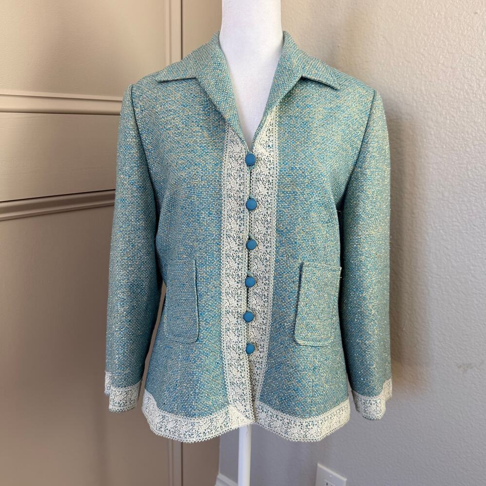 Adrianna Papell 14 Blue Tan Tweed Metallic Thread Lace Trim Button Front Jacket